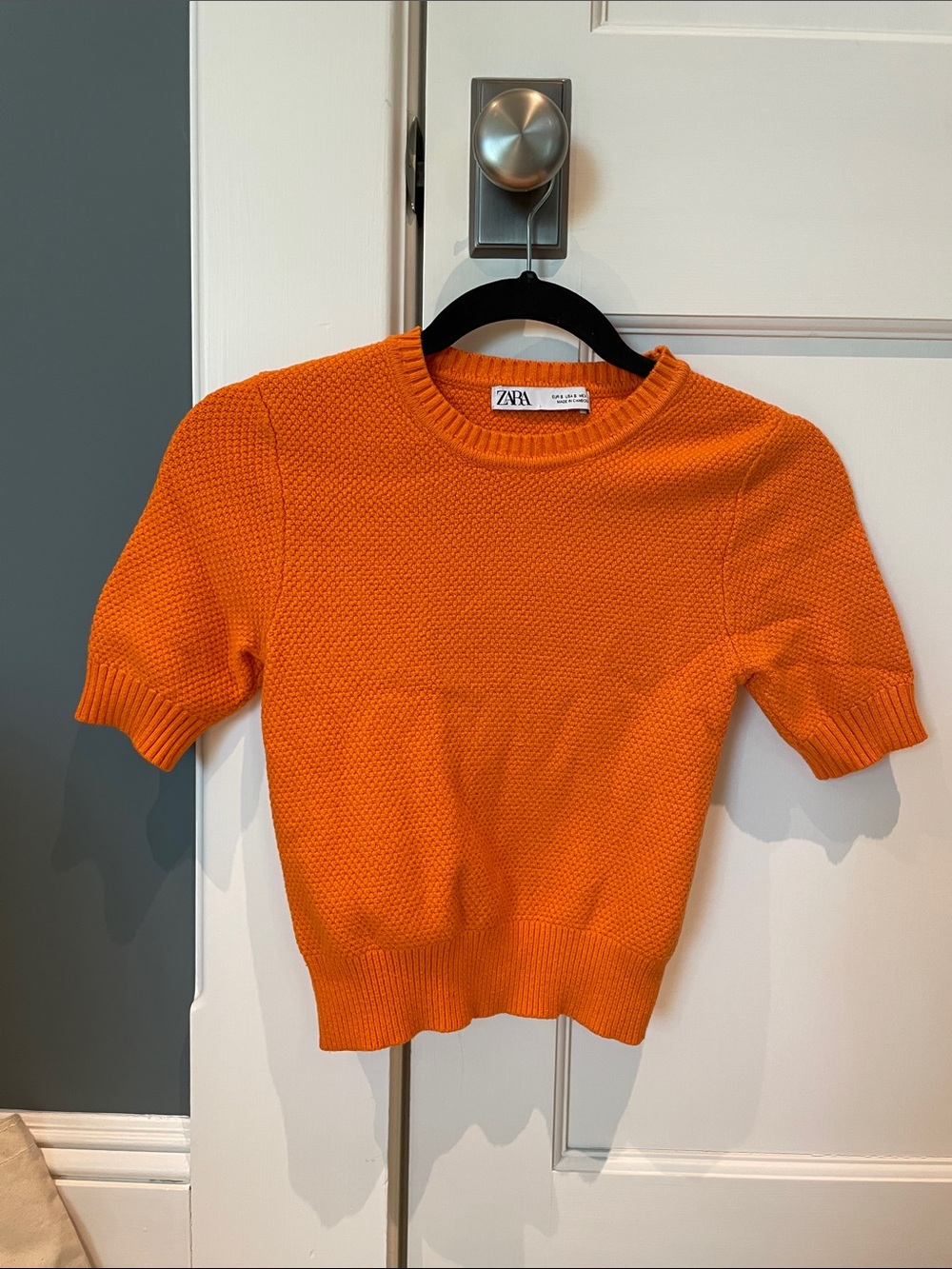 Zara Orange Textured Knit Short Sleeve Sweater Top Size Small
